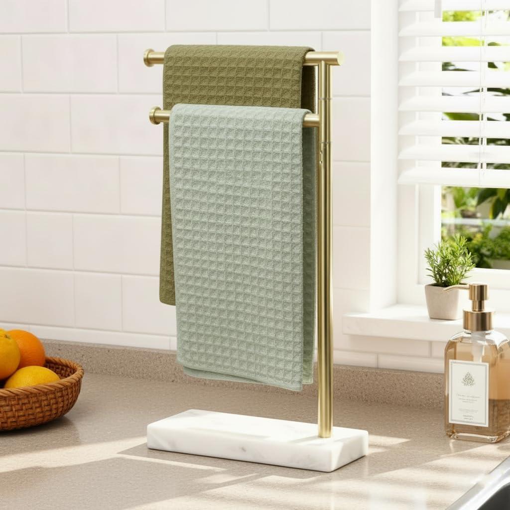 KES Gold Hand Towel Holder Stand for Bathroom, Countertop Towel Stand with Weighted Marble Base, 17.3" Standing Swivel Towel Rack Adjustable 2 Arms, 18/8 Stainless Steel, Brushed Gold, BTH233A-BZ