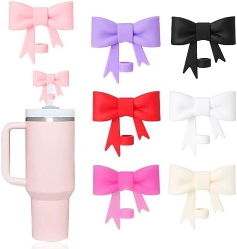 Pack of 2, GAISHION 7 pcs Lovely Bow Straw Covers Cap Toppers Compatible with Stanley 40/30 oz Tumbler Cups,Reusable Cute Silicone Straw Lids Tips Protectors for 0.4 in/10mm Stanley Cups Straws Accessories