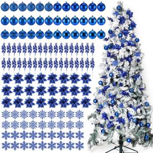Ceenna 132 Pcs Christmas Tree Ornaments Set Glitter Poinsettia Flowers 2.36 inch Christmas Balls Snowflakes Decorations Artificial Berry Picks for Xmas Tree Wreath, Hooks Included(Blue)