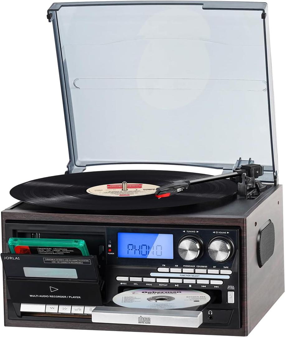 9-in-1 Retro Turntable with Built-in Speakers, Reocrd Player with Bluetooth, AM/FM Radio, CD, Cassette, USB/SD Playback, Remote Control, and Headphone Jack (Dark Brown)