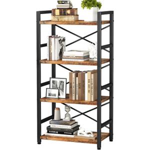 Homeiju Bookshelf, 4 Tier Small Bookcase, Organizers and Storage, Metal Small Bookcase, Rustic Book Shelf Organization and Storage for Living Room, Bedroom, and Home Office(Rustic Brown)