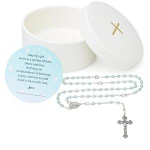Baptism Gifts for Boys Blue Rosary with Ceramic Keepsake Box and Card, Catholic Communion Gift, Christening and Baby Shower Rosary Beads, Sweet Treasures Gifts, Blue