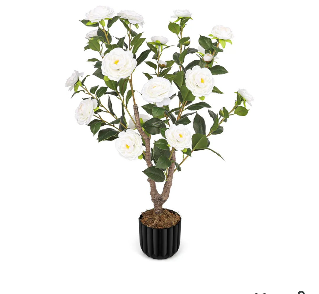 Artificial Camellia Tree for Indoor and Outdoor, Faux Flower Tree Plant in Pot Fake Topiaries for Home Front Porch Decor(1, White)