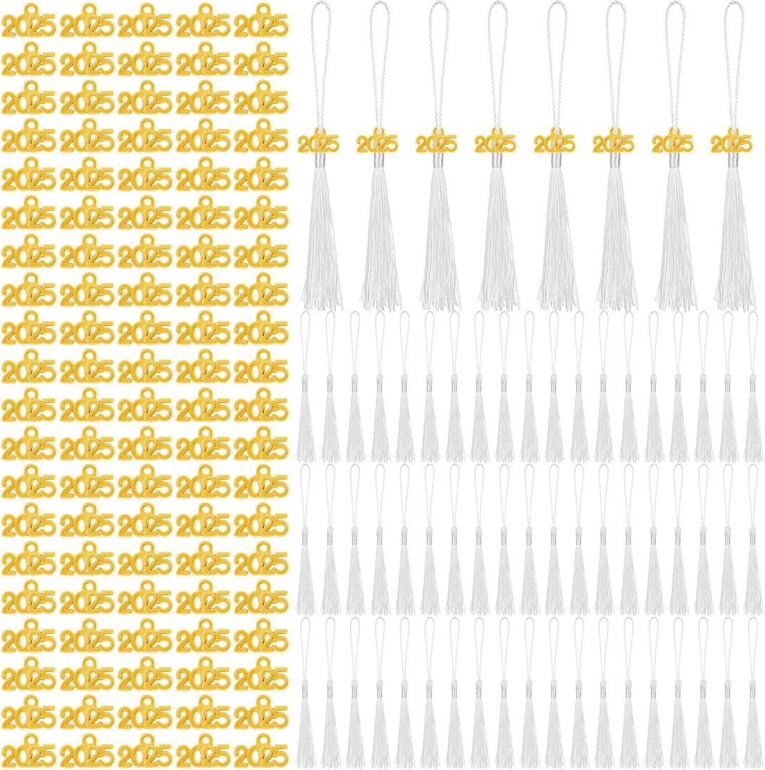 Cindeer 100 Pcs Mini Graduation Tassels with 100 Pcs 2025 Tassel Charms for Crafts Mini Silky Bookmark for Graduation Cap Keychain Ornaments DIY Craft Jewelry Making Project(White)