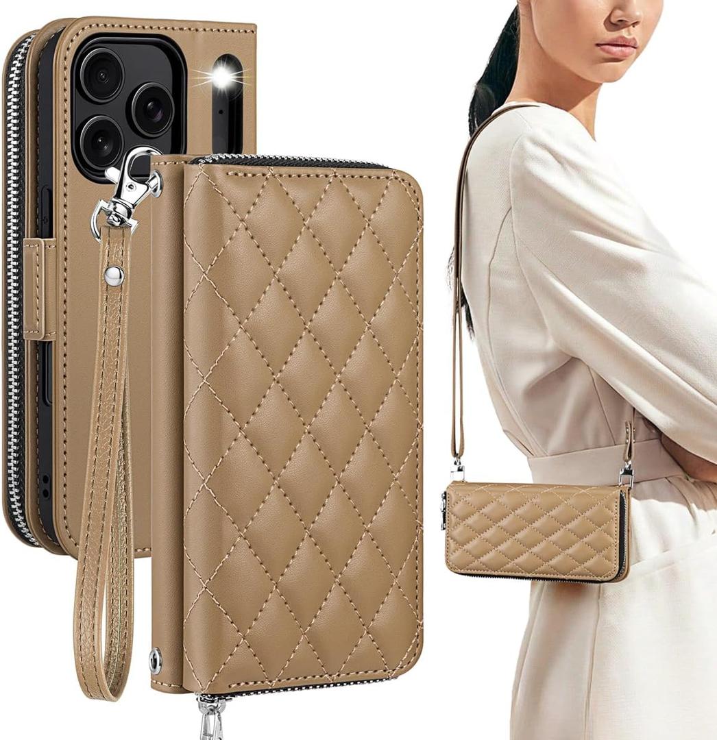 OCASE for iPhone 17 Pro Max Crossbody Wallet Case - Stylish PU Leather Handbag Phone Purse with Zipper Closure, Card Slots & RFID Blocking - Wrist Strap, Lanyard, Kickstand - Diamond Check Khaki