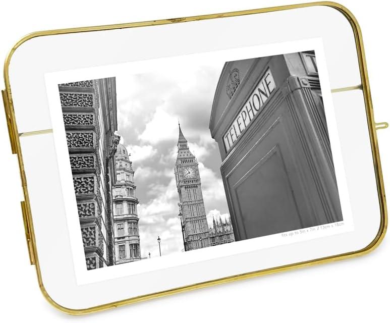 Isaac Jacobs 5x7 Vintage Style, Round-Edged Brass & Glass Metal Floating Picture Frame with Locket Closure (Horizontal), Made for Tabletop Display (7x5 Horizontal, Antique Gold)