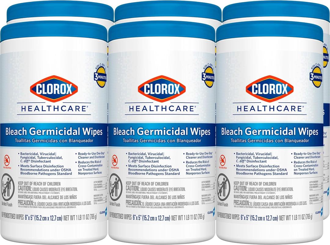 Clorox Healthcare Bleach Germicidal Wipes, 6" x 5", 150 Count Canister, Pack of 6 