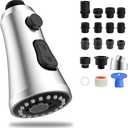 Hibbent Pull Down Kitchen Faucet Head Replacement, 3-Function Kitchen Sink Spray Nozzle with 15 Adapters, Compatible with Moen, American Standard, Delta, Kohler Faucets, Chrome