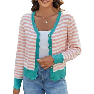Teepie Women's Lightweight Cardigans Casual Long Sleeve V-Neck Button Print Sweaters Open Front Outerwear (X-Large, Orange White-green)