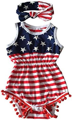 Qin.Orianna 4th of July Toddler Baby Girl American Flag Tassel Romper with Headband