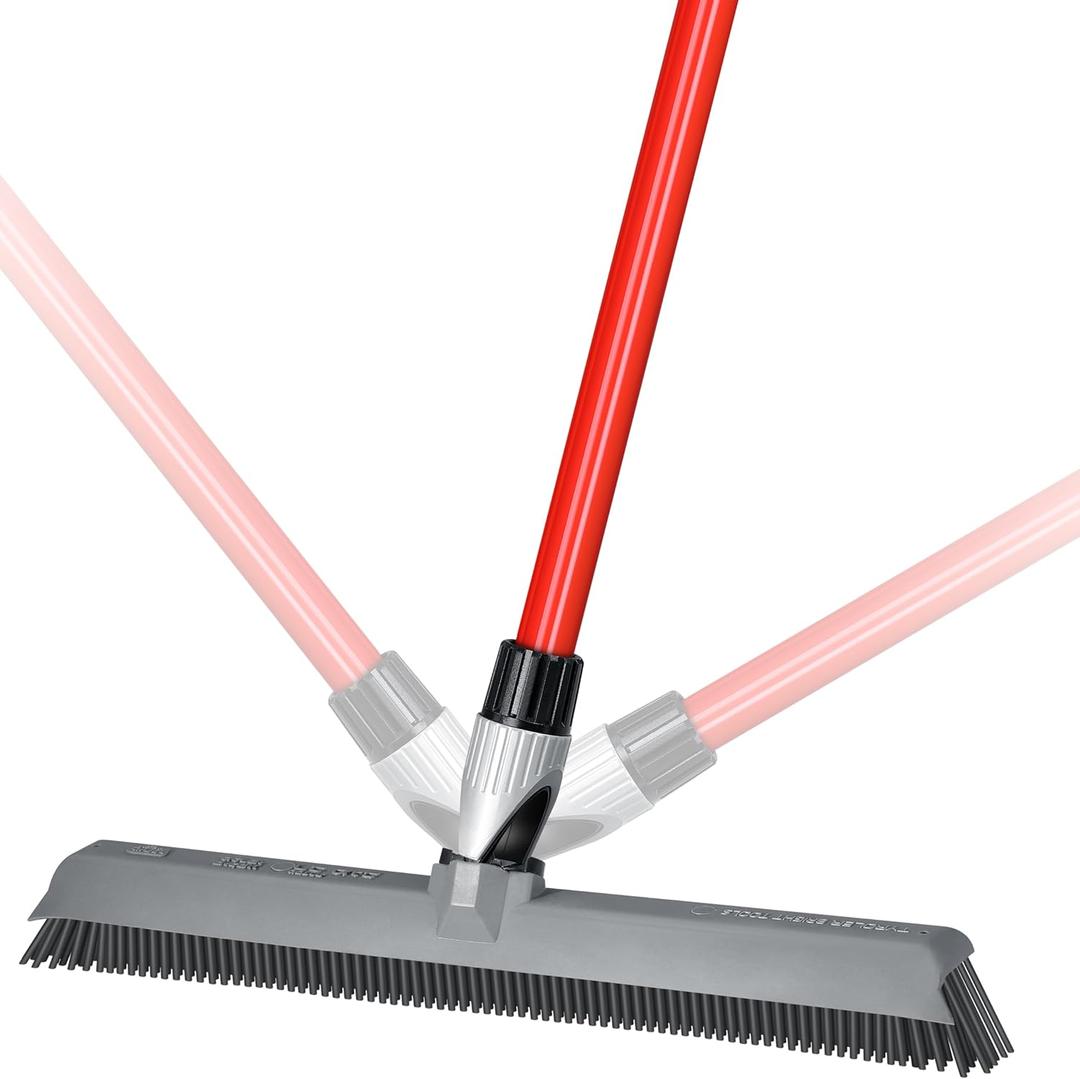 2-in-1 Silicone Rubber Broom Carpet Rake and Squeegee - Swivel Pet Hair Removal Broom with Long Handle - Slanted Side Bristles for Corners - Multipurpose Rubber Broom for Carpet, Hardwood Floor, Tile (4 Piece Handle)