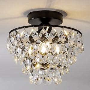 CM MZY Modern Small Crystal Ceiling Light Fixture, Matt Black Semi Flush Mount Ceiling Light Fixture, Mini Crystal Chandeliers for Hallway Bedroom Bathroom Closet Bedroom Foyer (Raindrop Flush Mount / Dia 9.8")