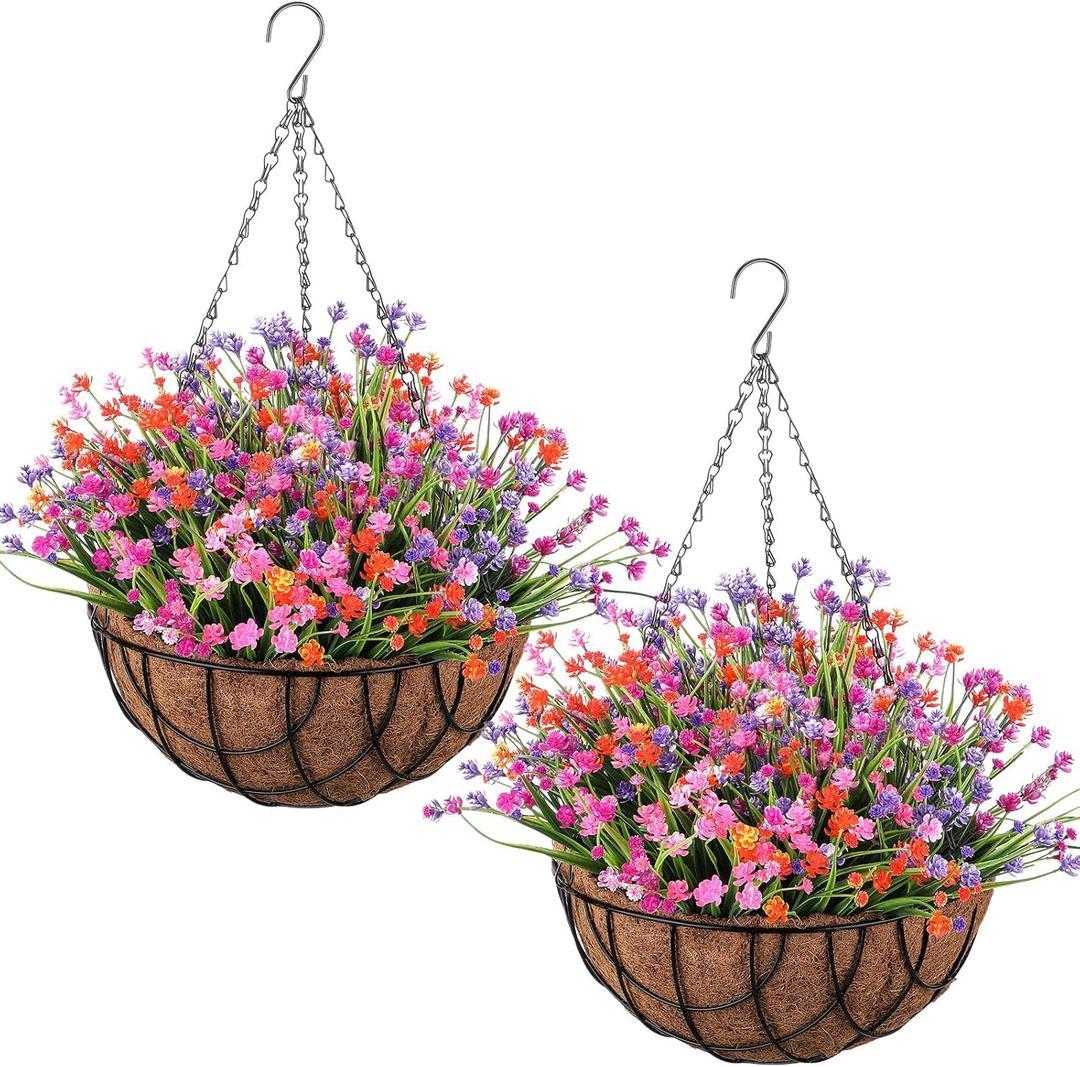 2 Pack Artificial Hanging Flowers in Basket for Porch Home Artificial Camellia Arrangement Fake Porch Plants 12 inch Coconut Lining Basket for Outdoors Indoors Decor(Mixed Colors)