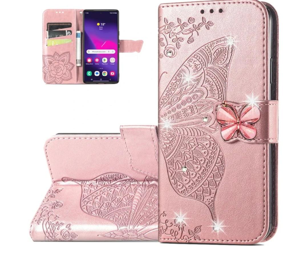 Wallet Case for Samsung Galaxy S24 Ultra,Butterfly Pattern PU Leather Case with Magnetic Clasp and Cash Card Slots Cover for Galaxy S24 Ultra,Rhinestone Rose Gold