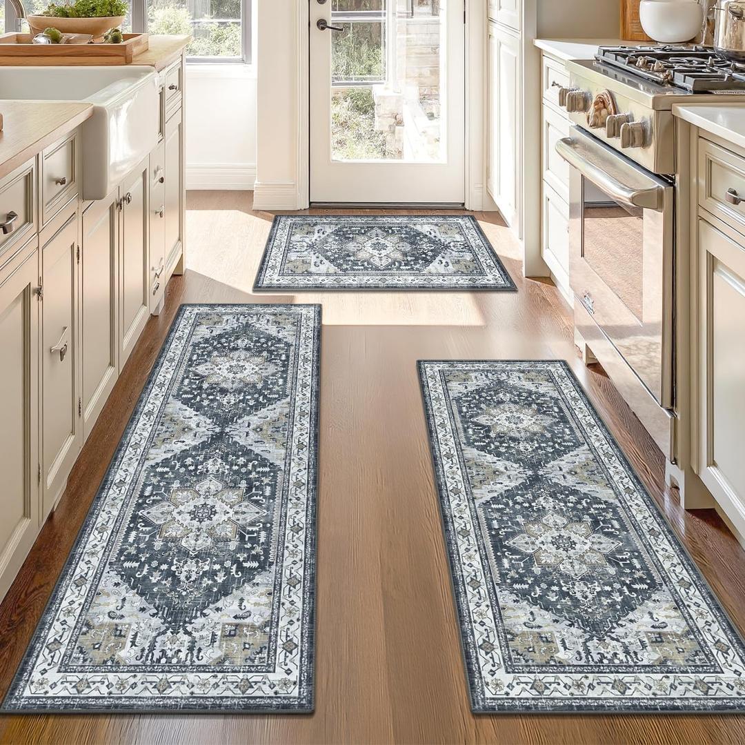Yamaziot Boho Washable Kitchen Rugs Sets of 3, Non Slip Kitchen Mats for Floor with Rubber Backing, Waterproof & Stain Resistant Thick Carpet Runner Throw Rug for Kitchen, Laundry Room, Hallway, Size: 20"x32"+20"x47"+20"x59", Dark Grey