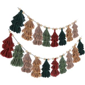 Breling 2 Pcs Christmas Boho Tassel Garland with Wood Beads 60 Inch Rustic Hanging Decor in Neutral Earth Tones Holiday Banner Woodland Office Fireplace Mantel Wall Christmas Decoration Indoor Outdoor