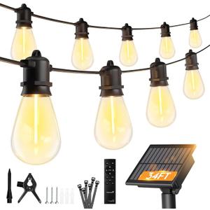 Minetom 34FT Solar String Lights Outdoor Waterproof, 9 LED S14 Shatterproof Bulb, Patio Lights with Remote Type-C Port Timable, 3 Light Modes Dimmable Solar String Lights for Outside, Yard, Camping