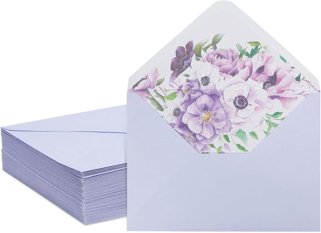 50 Pack A7 Envelopes with Floral Liner for 5x7 Invitations, Greeting Cards, Weddings (7.25 x 5.25 In) - Lavender Purple