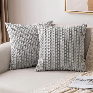 MIULEE Throw Pillow Covers Soft Corduroy Decorative Set of 2 Boho Striped Pillow Covers Pillowcases Farmhouse Home Decor for Couch Bed Sofa Living Room 18x18 Inch Light Grey