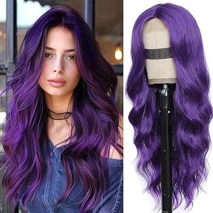 Dark Purple Wig for Women, Dark Purple Wavy Wig Middle Part 26 Inch Purple Wigs Heat Resistant Synthetic Wigs for Daily Party Use Dark Purple Wig for Women, Dark Purple Wavy Wig Middle Part 26 Inch Purple Wigs Heat Resistant Synthetic Wigs for Daily Party Use