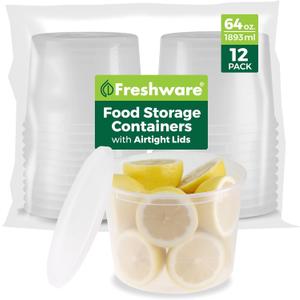 Freshware [12 Pack, 64 oz] 1/2 Gallon Plastic Deli Food Storage Soup Containers With Airtight Lids, Slime Containers, Freezer Safe | Meal Prep | Stackable | Leakproof | BPA Free, Clear