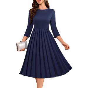 DRESSTELLS Women's Cocktail Dresses, Formal Wedding Guest Church Vintage Tea Party 3/4 Sleeve Pleated Dress (Blue, M)