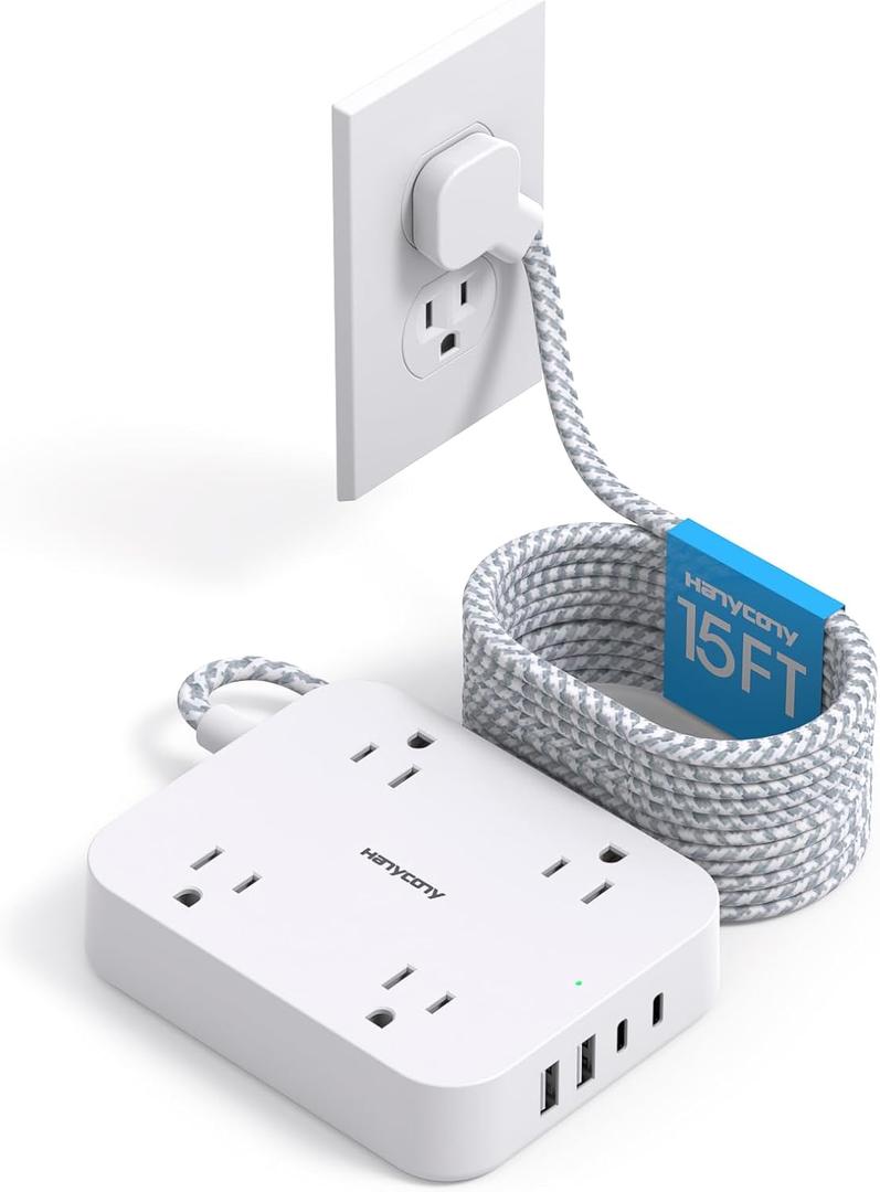 15 Ft Extension Cord, HANYCONY Ultra Thin Flat Plug Power Strip with 4 Outlets 4 USB Ports (2 USB C), Multi Plug Outlet Extender Desk Charging Station for Office Travel Dorm Room Essentials (White)