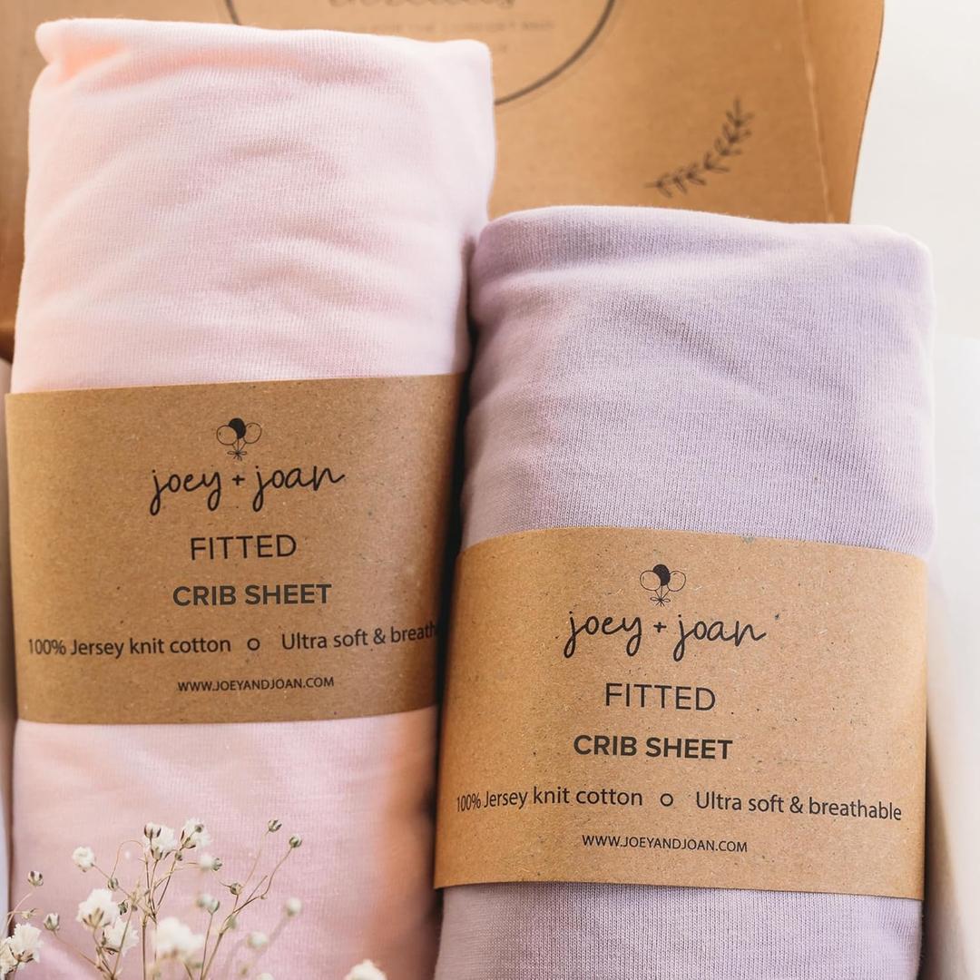 Joey + Joan Fitted Crib Sheets 28 x 52 Compatible with Standard Crib Mattress and Toddler Bed 100% Jersey Cotton Pale Pink + Lilac 2 Pack