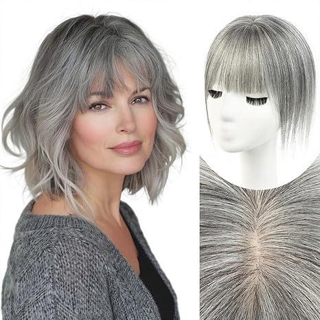 Hair Topper with Bangs Covers Thinning Crown, Receding Hairline for Women Clip-In Human Hair Topper for Thinning Hair (Grey, 10Inch)