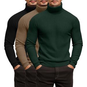 3 Pack Men's Ribbed Turtleneck Shirts, Long Sleeve Mock Neck Lightweight Pullover Sweaters Knit Base Layer Tee Tops (Large, Black, Khaki, Dark Green)