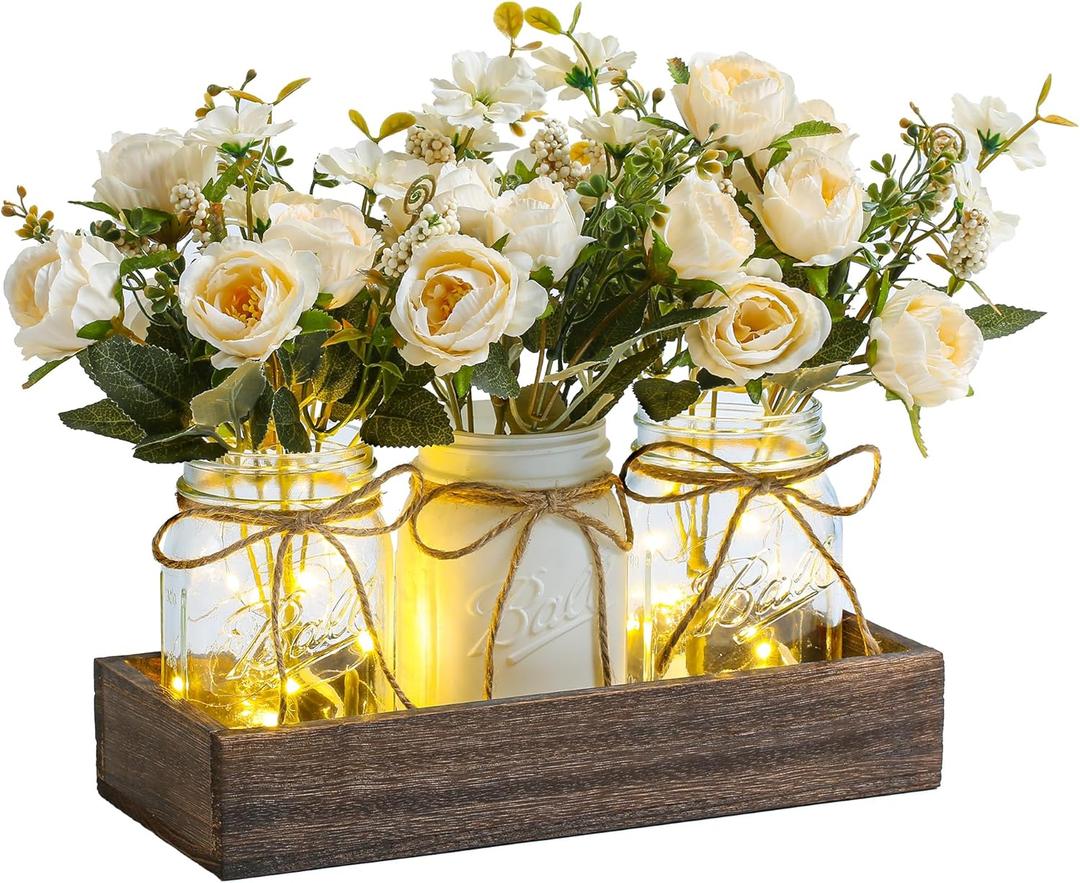 3 Pcs Mason Jar Centerpiece Table Decorations for Dining Table Decor Farmhouse Coffee Table Decor with Wood Tray and Led Light Table Centerpieces for Dining room Kitchen Living Bathroom, White