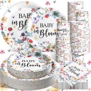 Hsei 250 Pcs Baby in Bloom Baby Shower Decorations Wildflower Plates and Napkins Set Floral Party Tableware Set for 50 Guests Floral Disposable Plates Napkins Cups for Birthday Party Supplies