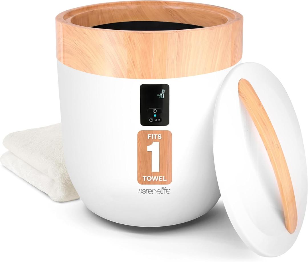 SereneLife Counter Towel Warmer Bucket - with Customized Fragrance for Spa and Bathroom, Luxury Heater, Auto Shut Off, Fits 1 Large Blanket, Bathrobe, PJs (Natural) (Wood)