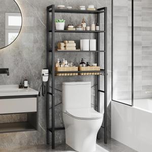 VASAGLE BARNET Collection - Over the Toilet Storage, Over Toilet Bathroom Organizer with Adjustable Shelves and Basket, 3 Hooks, Space Saving, 9.4 x 23.6 x 68.1 Inches, Ebony Black UBTS114BE01S