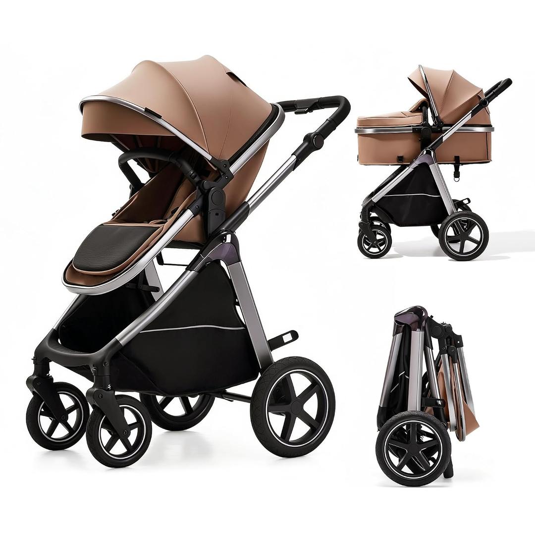 2-in-1 Convertible Baby Stroller, 0-36M Reversible Fully Reclining Seat, One-Hand Fold, All-Wheel Suspension, 5-Point Harness, Khaki