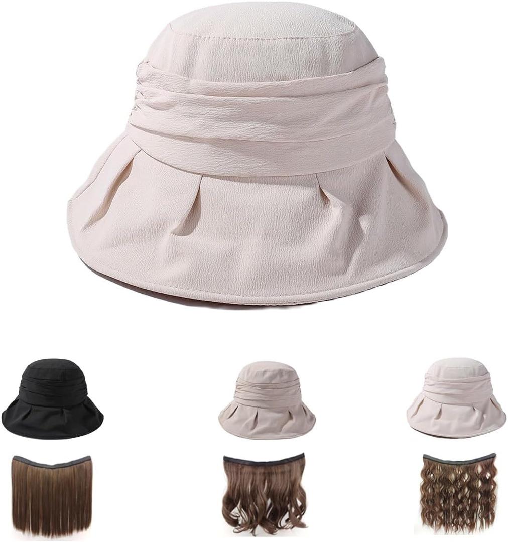 Summer Women's Beach Sun Hat, Wide Brim Sun Protection, Lightweight Cotton Hat with Hair Attached via Magic Tape