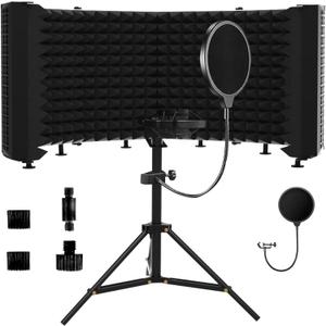 Microphone Isolation Shield  Foldable & Adjustable Soundproof Panel for Recording, Podcasting, Vocal Booth, Studio & Home Use (Six-sided low stand)