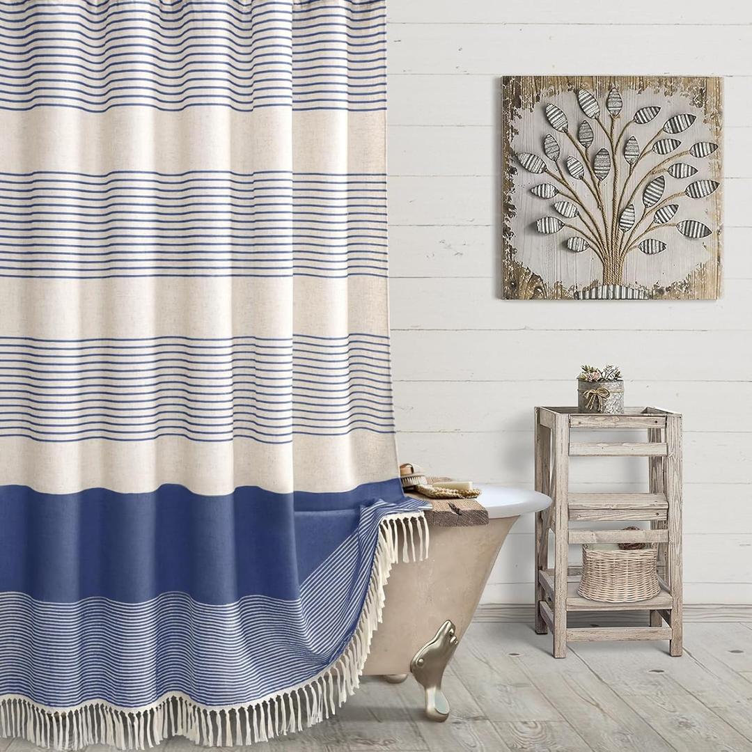 Awellife Blue Farmhouse Shower Curtains for Bathroom,Boho Flax Texture Striped Shower Curtain with Tassels Linen 72x72