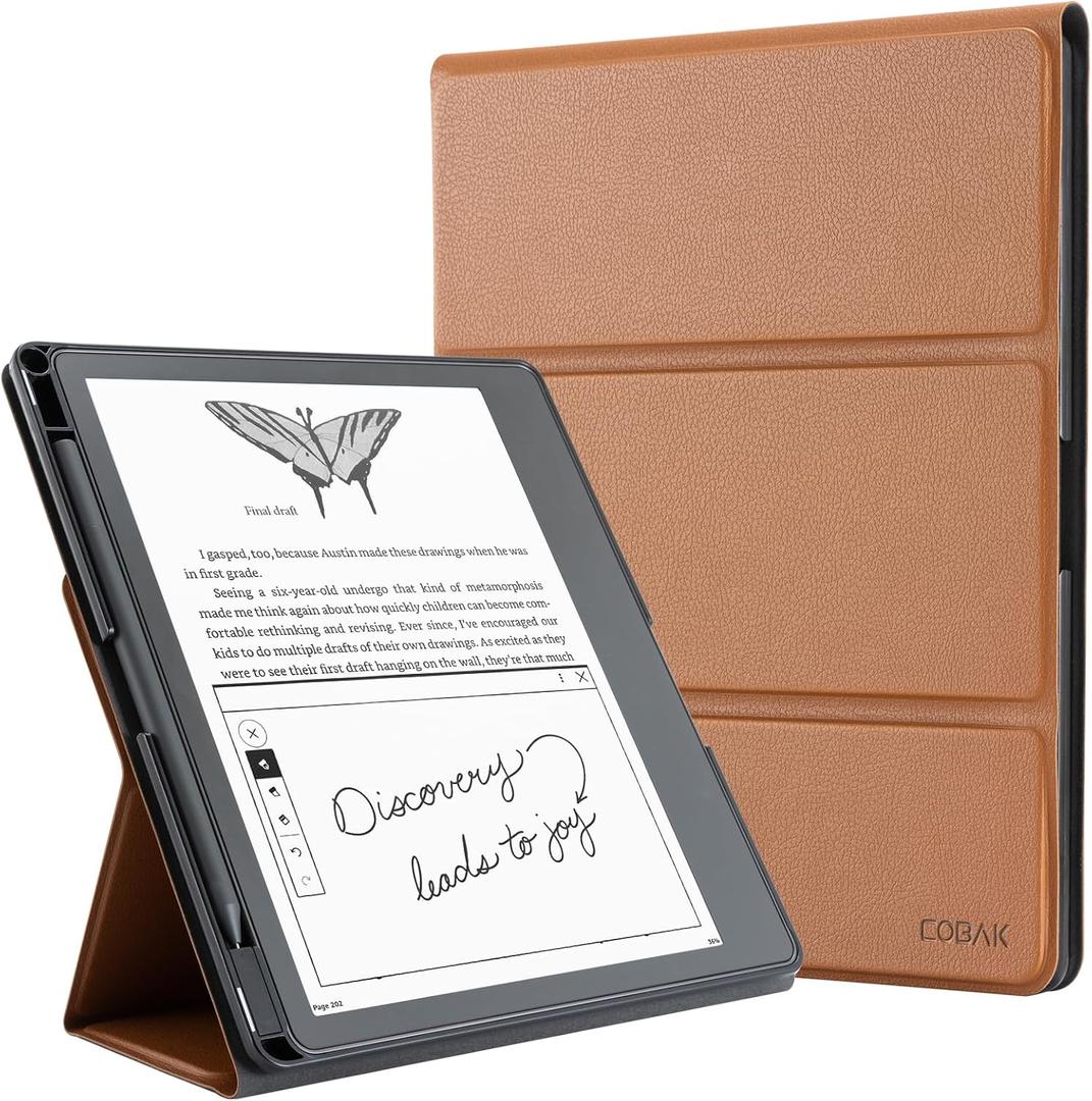 CoBak Stand Case for Kindle Scribe - Premium Folio Leather Cover with Pen Holder, Auto Sleep/Wake - Compatible with 10.2 Inch Kindle Scribe (Lychee Brown)