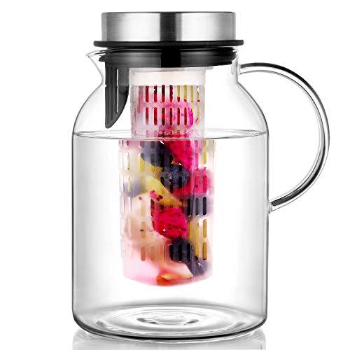 Glass Water Pitcher, Fruit Infuser Pitcher with Removable Lid, High Heat Resistance Infusion Carafe for Hot/Cold Water, Flavor-Infused Beverage & Iced Tea - 2 Qt