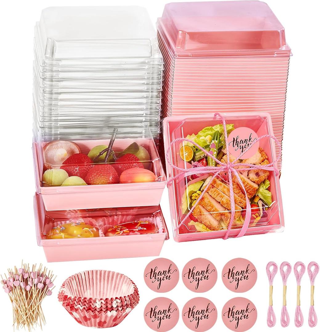 100 Pack Charcuterie Boxes with Clear Lids, 5.4 Inch To Go Paper Mini Food Containers, Disposable Dessert Sandwich Boxes +100 Toothpicks+100 Cupcake Liners for Cookies Donuts Muffins, Valentines Box