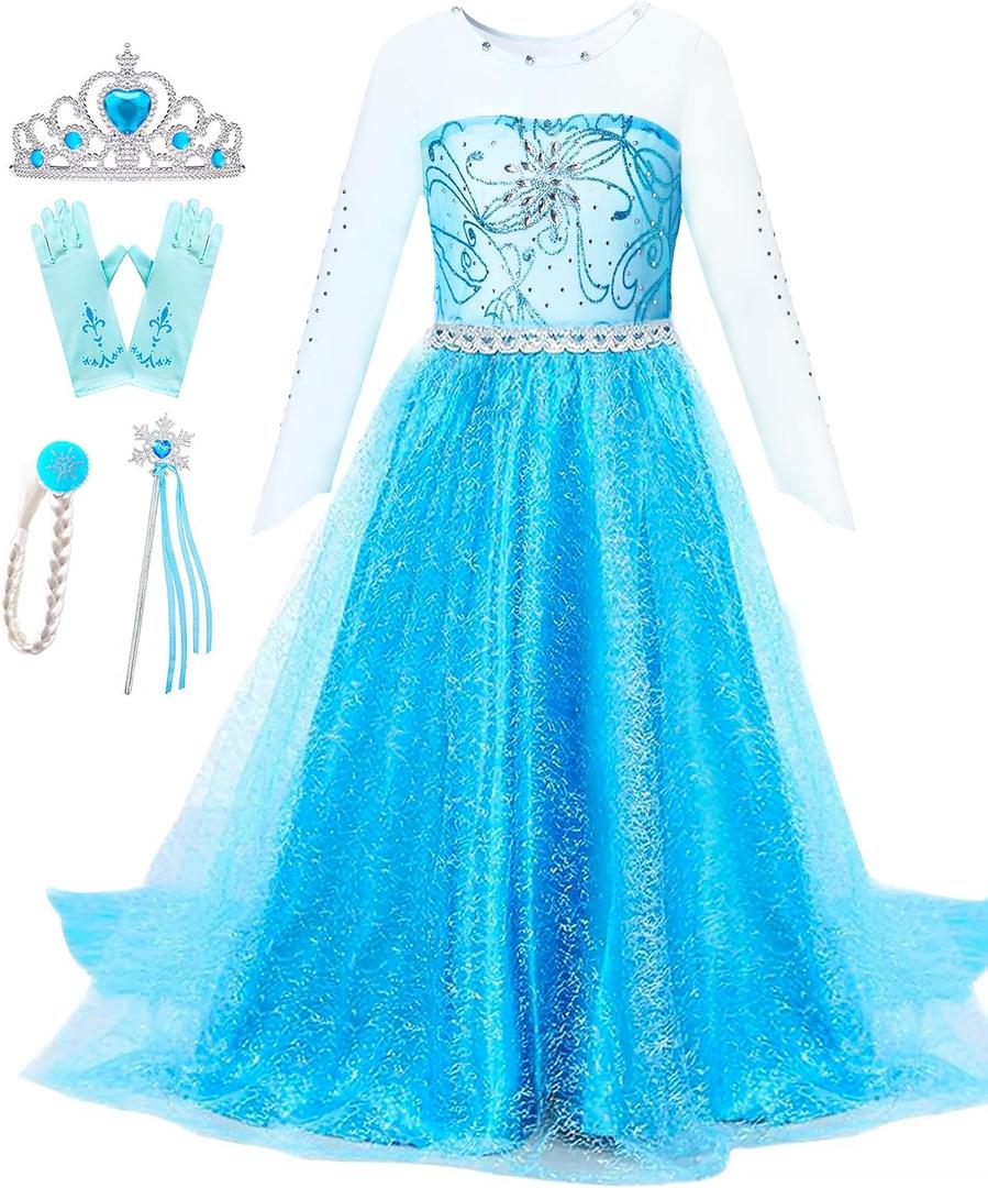 Girls Princess Elsa Dress Costume - Halloween Birthday Party Dress Up for Toddler Girl Kids 2t 3t 4t 5t 6t 7t 8t (Blue)