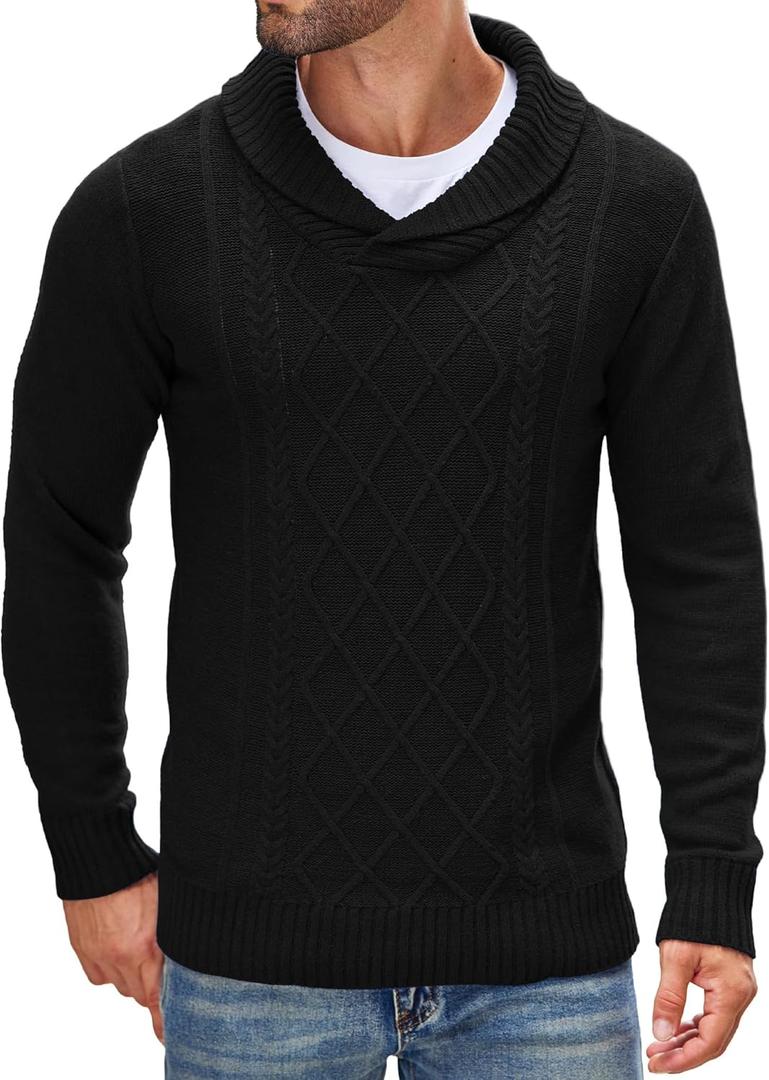 COOFANDY Men's Shawl Collar Sweaters V-Neck Relaxed Fit Cable Pullovers (Black, XS)