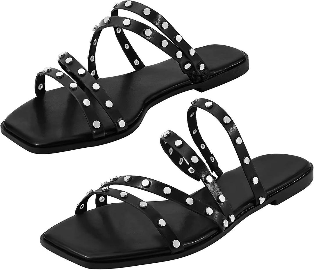 DAYDAYGO Sandals for women - Cute Square Open Toe Dressy Slide Sandal - Comfortable Stylish Flat Sandal Slides Shoes With Striking straps and Soft Memory Foam Insole (7.5, Black/Pu/Rivet)
