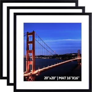 Yaetm 20x20 Black Picture Frame Matted to 16x16 Set of 3, Thin Large Square Frame 20 x 20 for Gallery Wall Display, Hanging Hardware Included (3 Pack, Black)