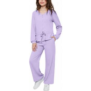 Girls Fall Outfits Tie Knot Crop Tops Wide Leg Pants with Pockets 2025 Winter Sets Active Wear (Purple)