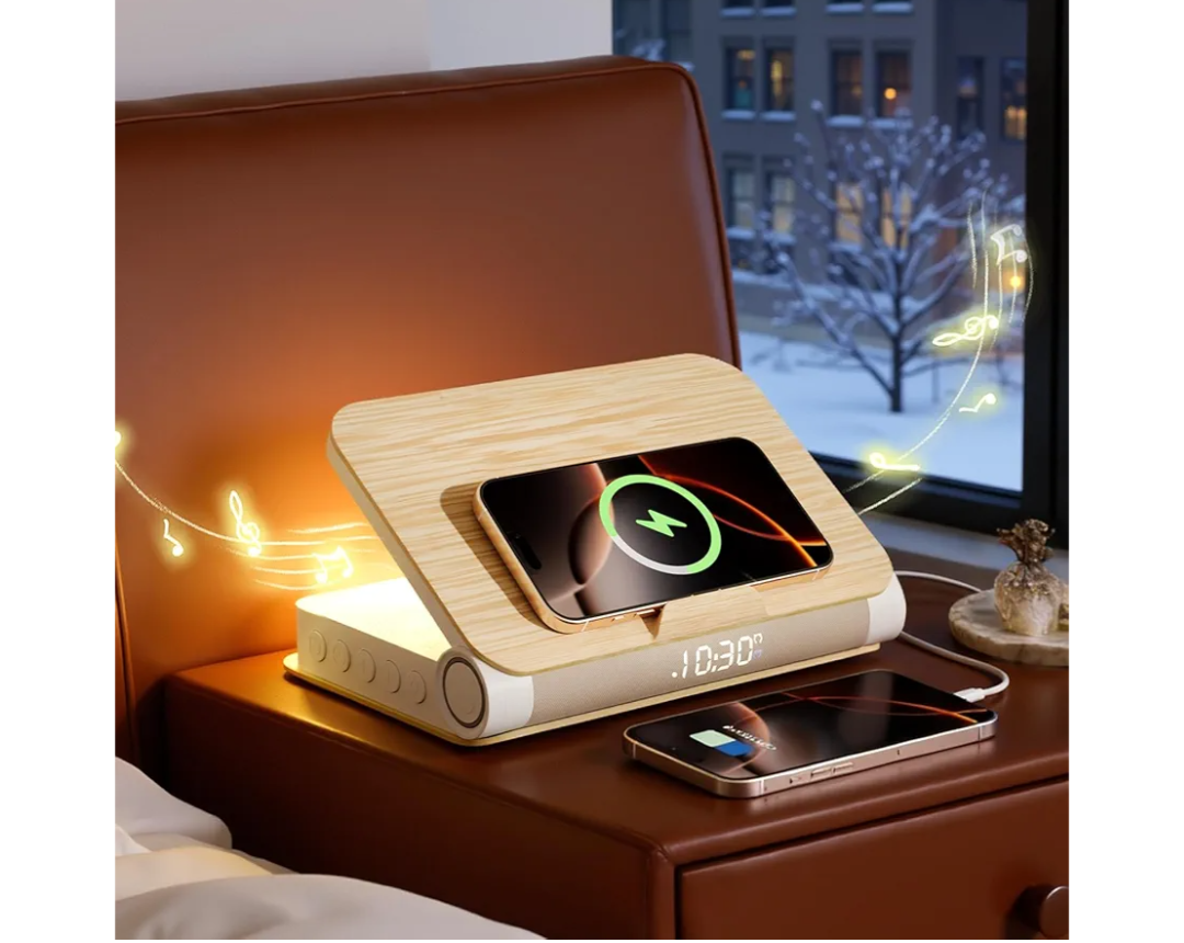 Vivilumens Alarm Clocks Wireless Charger Bluetooth Speaker Loud Sunrise Bedside Lamp for Heavy Sleepers Adults with Book Shape Wake Up Light for Bedroom Home Decor （Wooden Grain）