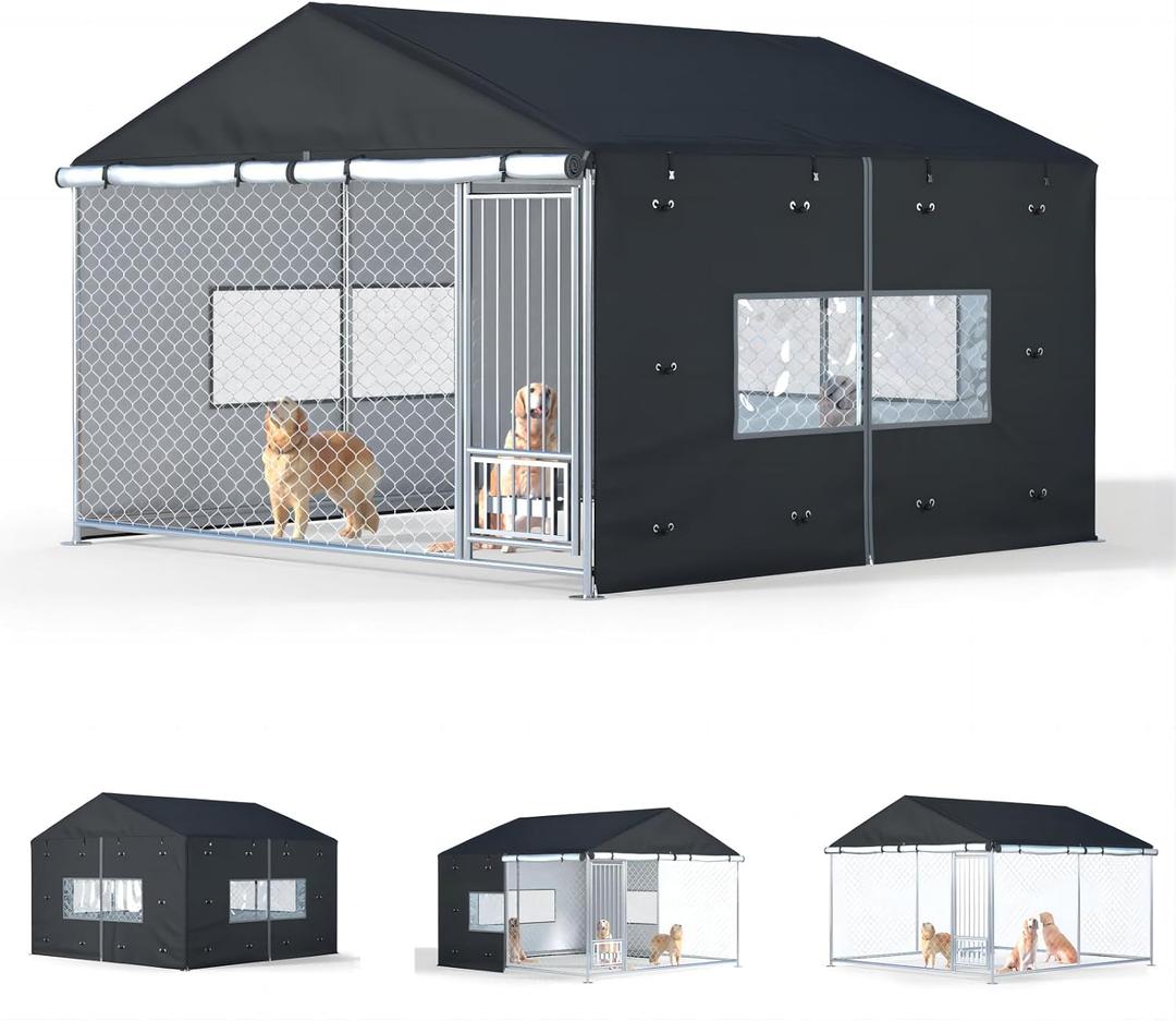 Outdoor Dog Kennel Cover Full Coverage for 10'Dx10'Wx7'H Dog Cages,600D Heavy Duty Waterproof Large Dog Kennel Cover,(Kennel not included) Black
