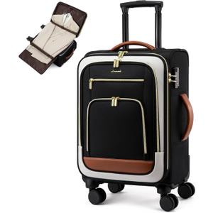 LOVEVOOK Carry on Luggage 22x14x9 Airline Approved, 22 Inch Large Rolling Suitcase, Spinner Wheels & TSA Lock, 49L Softside Lightweight Underseat Carryon Luggage for Women Men Travel (Black-beige-brown)