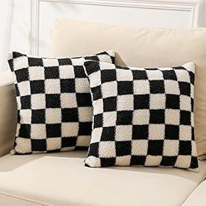 WEMEON Checkered Pillow Cover 18x18 Set of 2Luxury Style Checkerboard Pattern Cushion Case, Checkerboard Pattern Super Soft Faux Fur Wool Throw Pillows for Couch Living Room(Black/ White)
